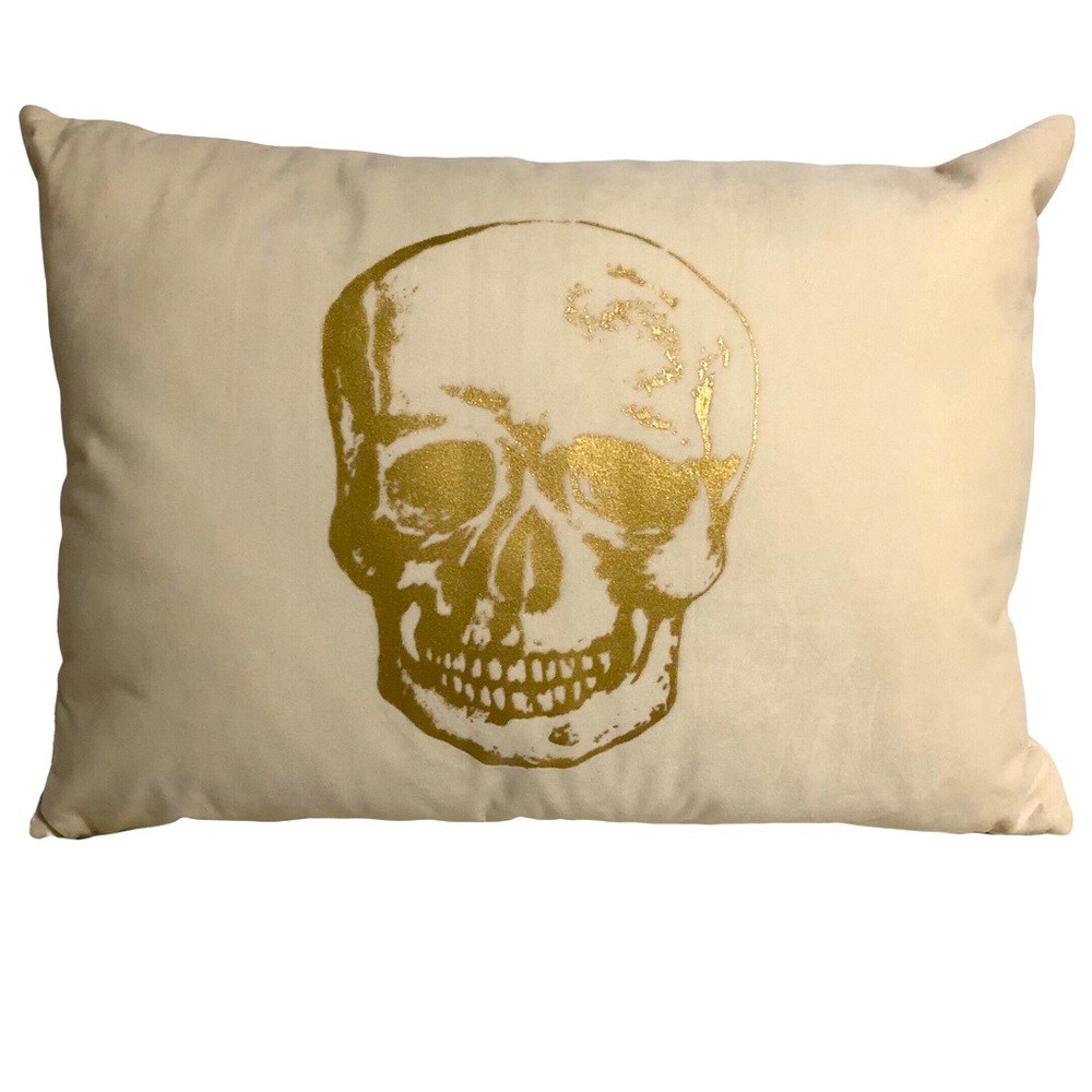GILI Skull Pillow Metallic Gold Foil Plush Decor Throw Velour Ivory Cream Home